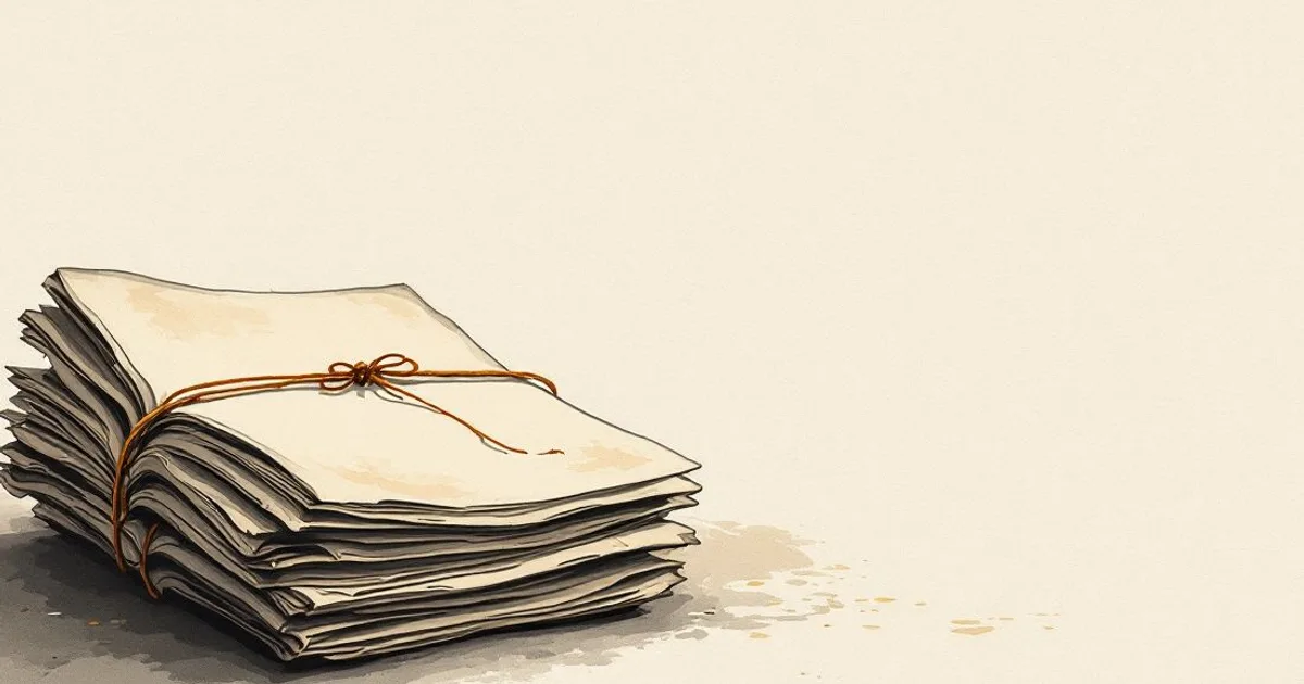 Sumi-e ink-wash illustration: a stack of old manuscript pages tied with an ochre cord, in soft light.
