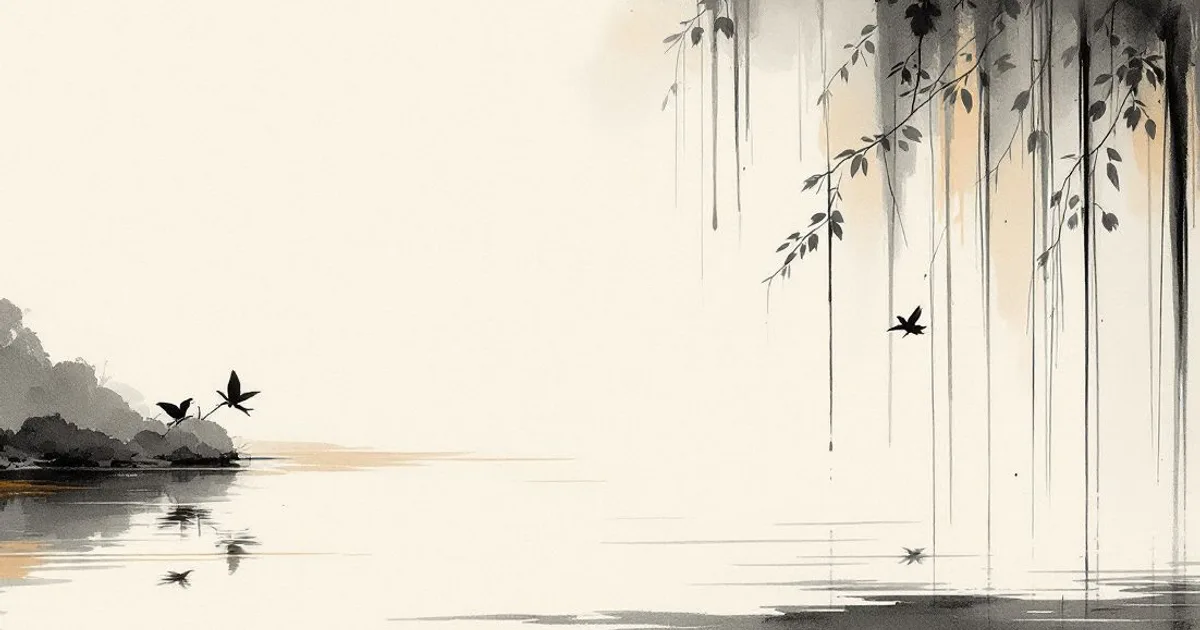 Sumi-e ink-wash illustration: trailing willow branches and soft rain over a calm, misty lake.