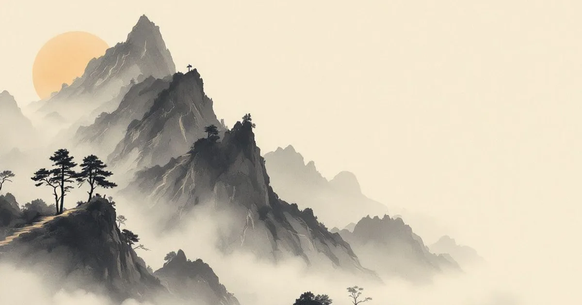 Sumi-e ink-wash illustration: misty mountain peaks rising in receding ranges through cloud toward a soft sun.