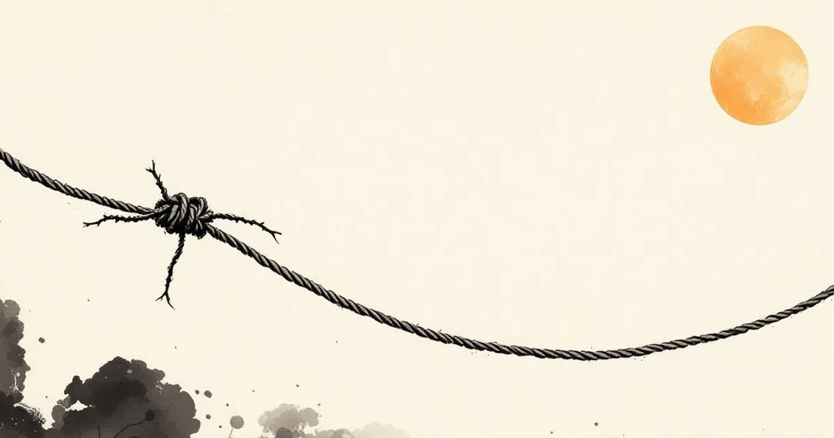 Sumi-e ink-wash illustration: a length of rope bound in a single knot, stretched taut beneath a soft rising sun.