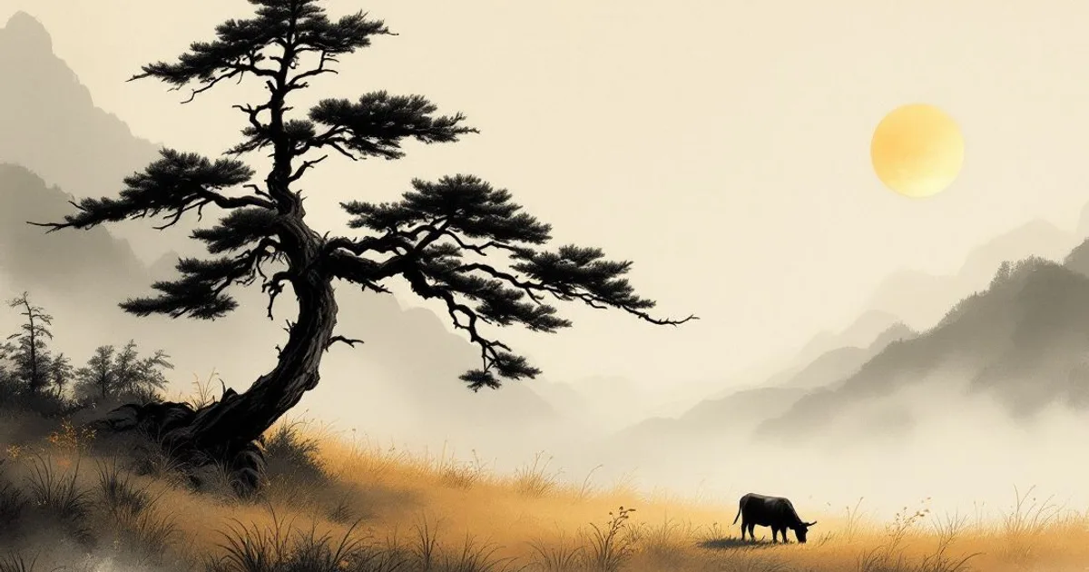 Ten Oxherding Pictures: a lone ox grazing in a golden meadow under a leaning pine and a pale sun (ink-wash illustration)