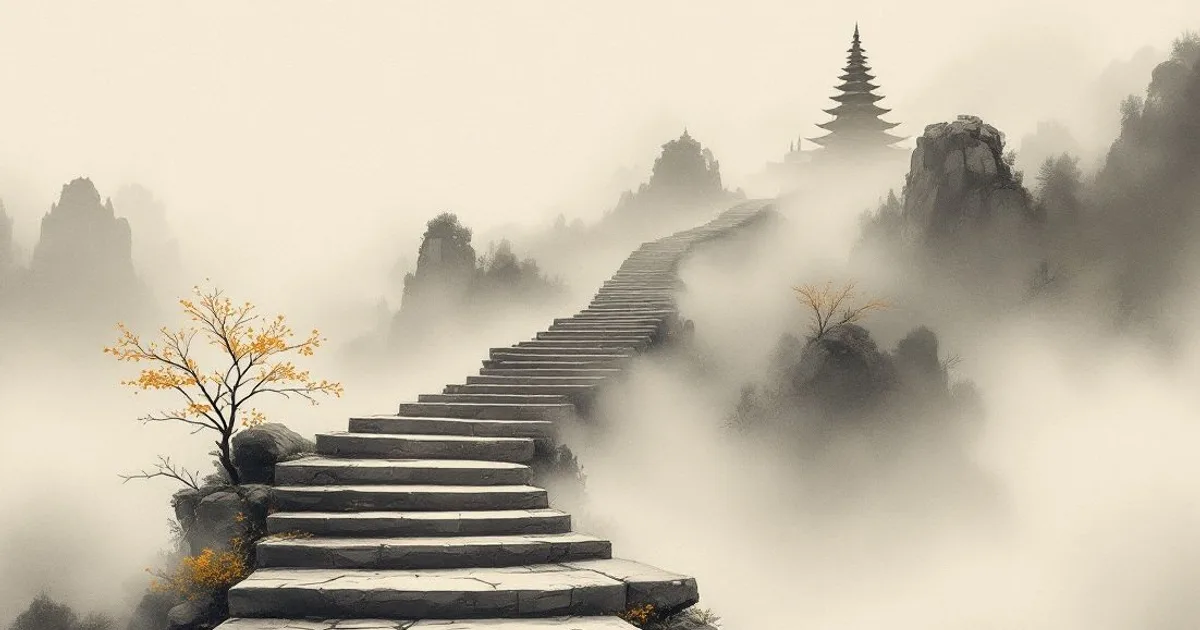 The Ten Perfections: a long stone stairway climbing through mist toward a distant pagoda (ink-wash illustration)