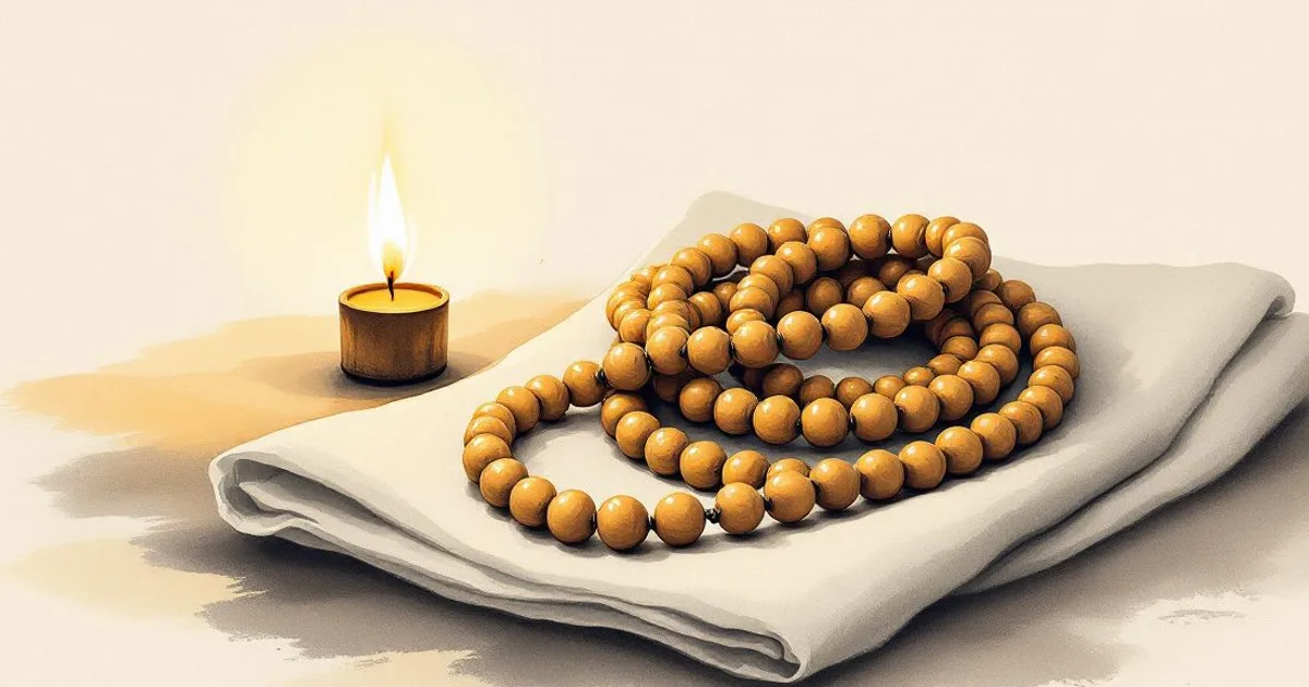 The Ten Recollections: a wooden bead mala coiled on a folded cloth beside a small lit candle (ink-wash illustration)