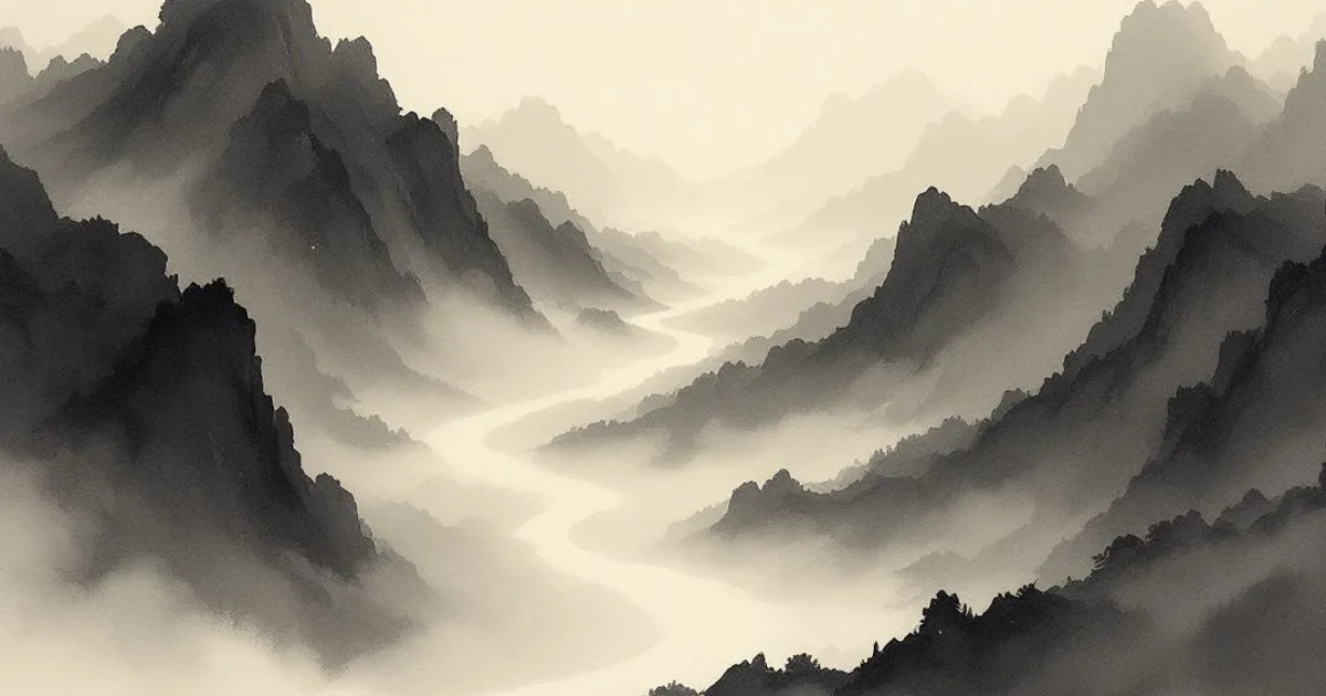 Sumi-e ink-wash illustration: a winding mountain path disappearing into cloud.