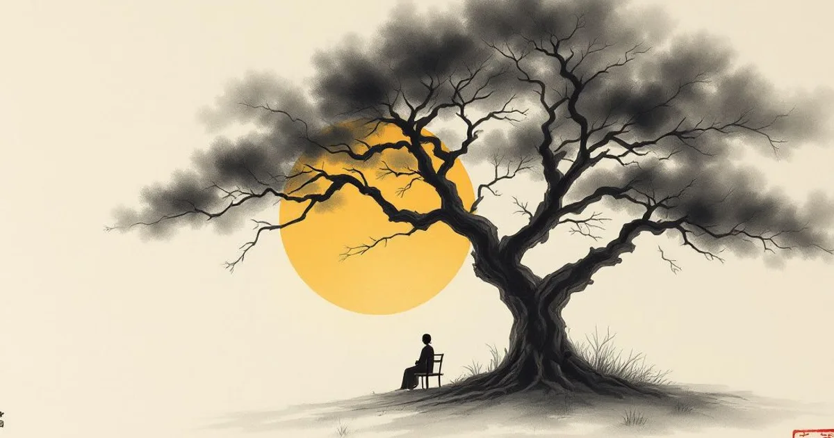 The Buddha's Family: an empty seat beneath a great tree at sunrise (ink-wash illustration)