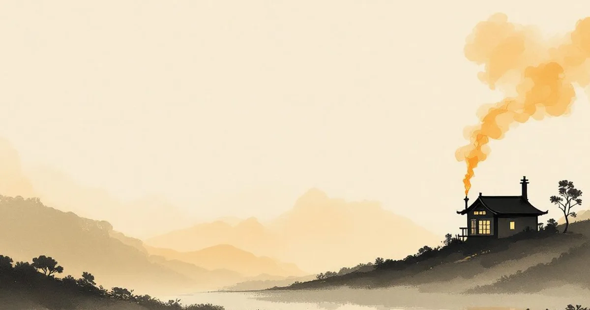 Sumi-e ink-wash illustration: a simple house with wisps of smoke and flame rising into an ink-wash sky at dusk.