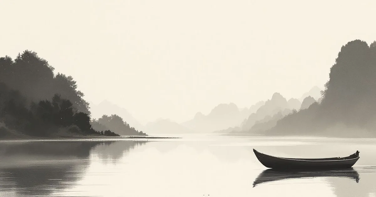 Sumi-e ink-wash illustration: a small empty wooden boat drifting alone on still, misty water.