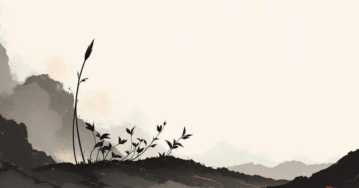 Sumi-e ink-wash illustration: a single arrow stilled in the earth beside a sprig of herb.
