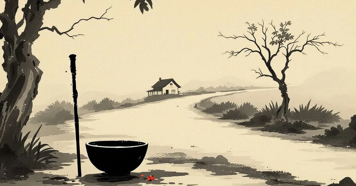 Sumi-e ink-wash illustration: a worn walking staff and an empty bowl resting on a long road winding toward a distant house.