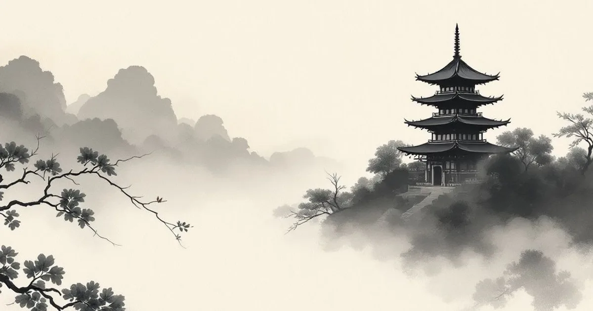 Sumi-e ink-wash illustration: a single pagoda in drifting fog.
