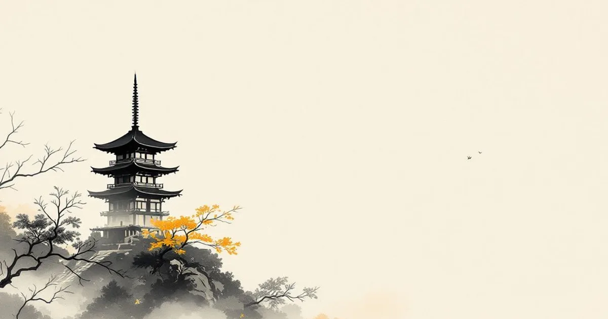 Sumi-e ink-wash illustration: a single pagoda in drifting fog.