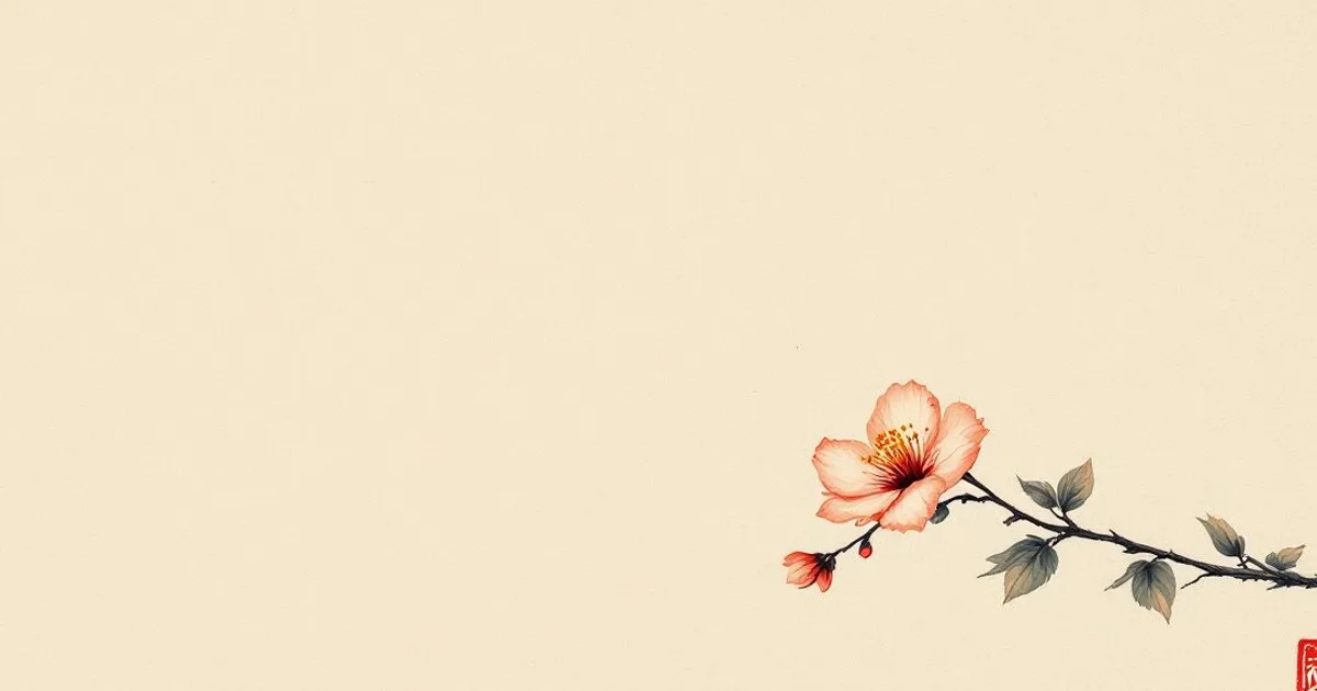Sumi-e ink-wash illustration: an open palm-leaf manuscript with a single small blossom resting on the page.