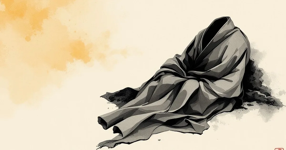 Sumi-e ink-wash illustration: a folded monastic robe at rest.