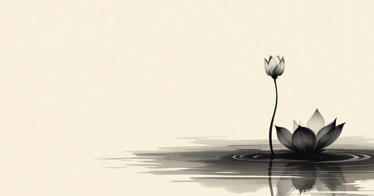Sumi-e ink-wash illustration: a single lotus rising from calm water.