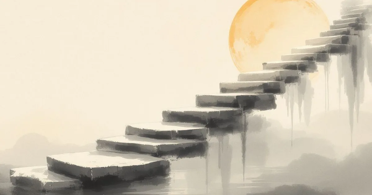 Sumi-e ink-wash illustration: a stone stairway ascending from calm water toward soft light.