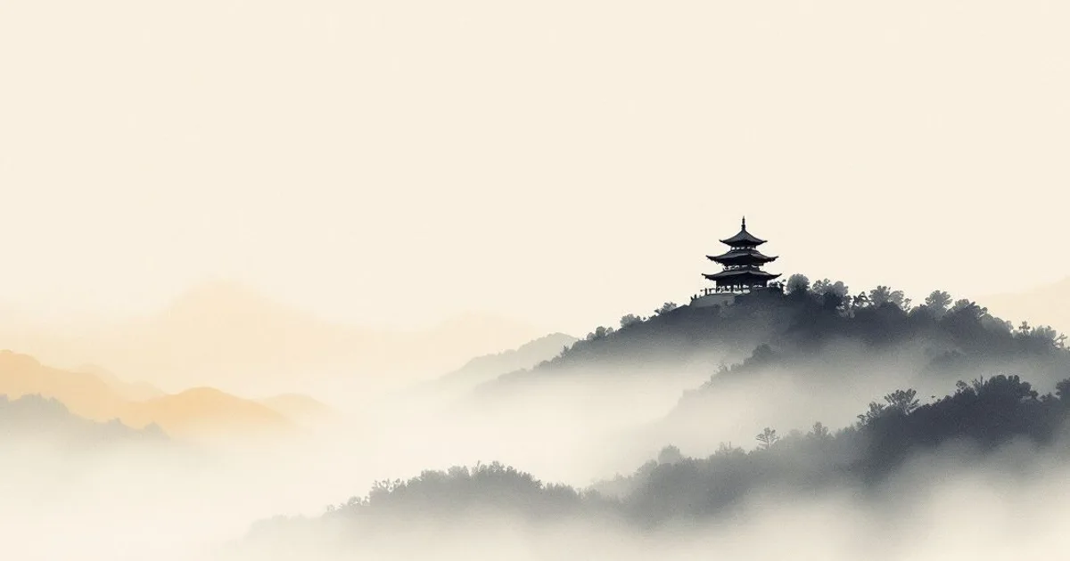 Sumi-e ink-wash illustration: a lone temple roofline above the mist.