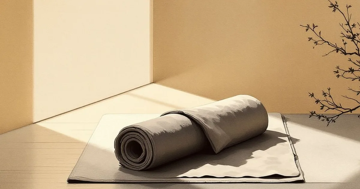 Total Relaxation: a rolled grey blanket on a flat mat in a sunlit room, a bare branch beside it (ink-wash illustration)