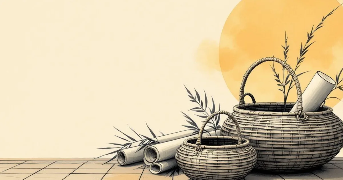 Sumi-e ink-wash illustration: woven baskets of rolled palm-leaf scrolls resting on a tiled floor in soft morning light.