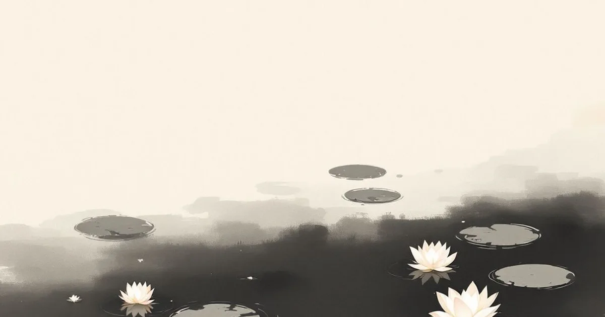 Types of Buddhas: white lotus flowers and floating leaves on still dark water (ink-wash illustration)