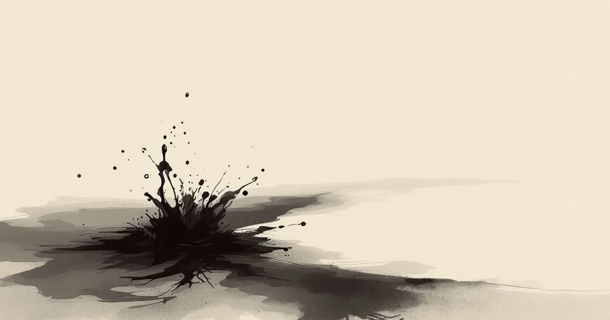 Sumi-e ink-wash illustration: a burst of black ink droplets splashing outward across pale paper.