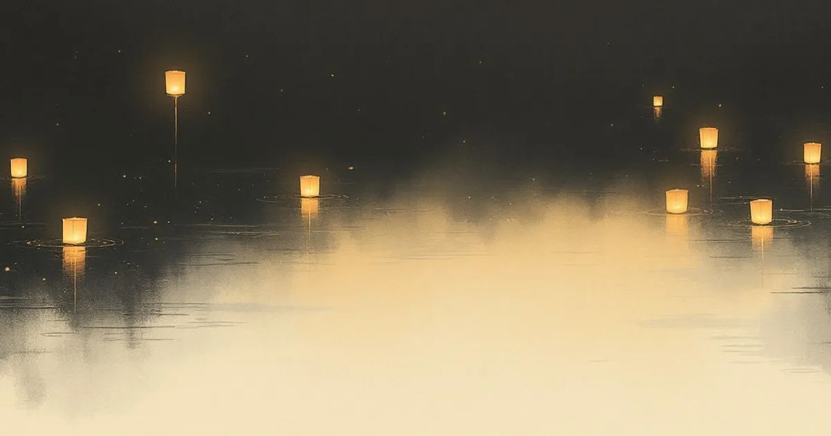 Sumi-e ink-wash illustration: warm paper lanterns drifting on a dark, calm river at night, their glow reflected on the water.
