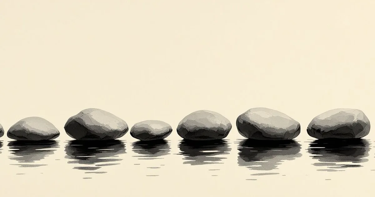 Sumi-e ink-wash illustration: smooth river stones arranged in a precise, orderly line at the water's edge in soft light.