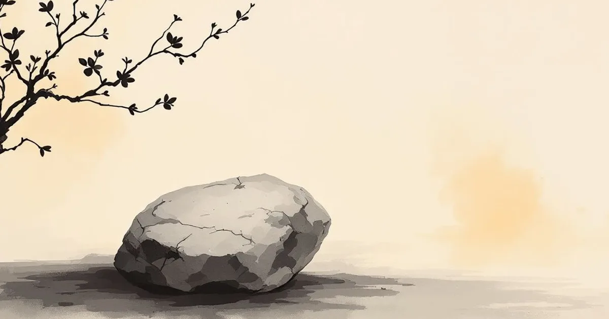 Sumi-e ink-wash illustration: carved stone catching low light.