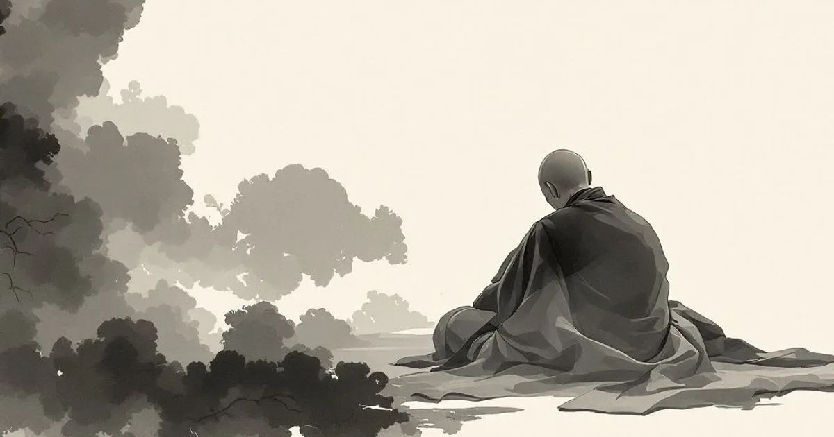Uppalavanna: a folded monastic robe resting in soft dawn light (ink-wash illustration)