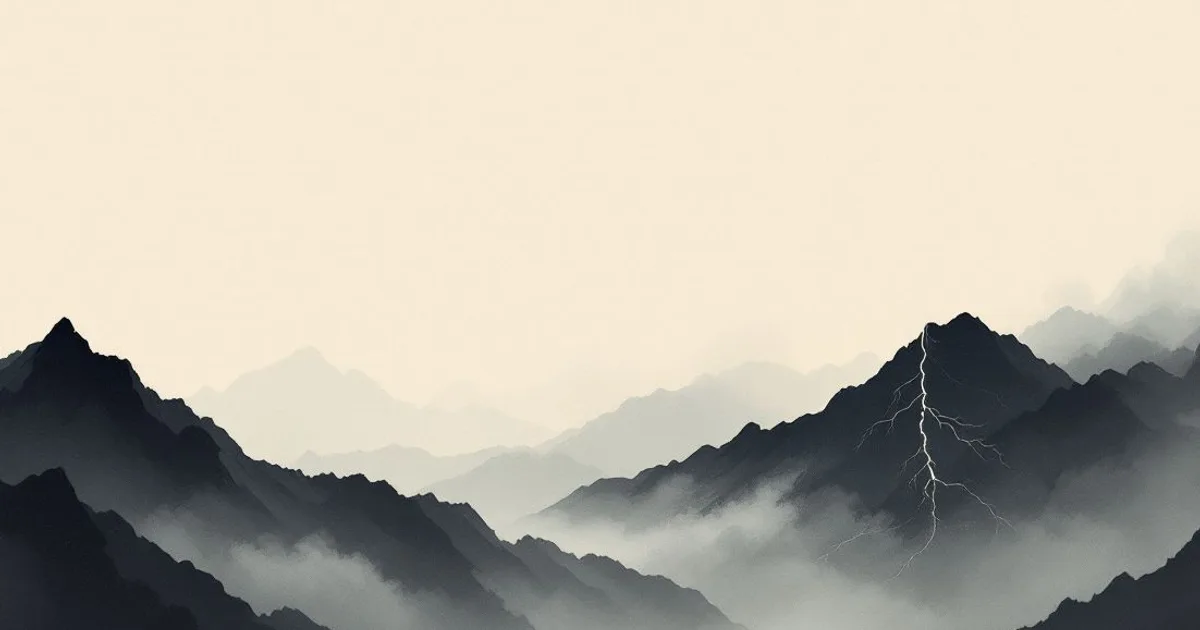 Vajrapani: a single bolt of lightning over dark mountain peaks in a stormy sky (ink-wash illustration)