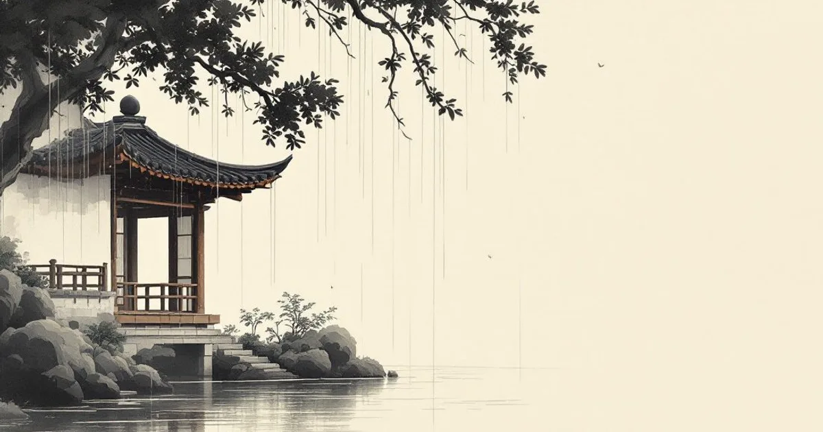 Sumi-e ink-wash illustration: gentle monsoon rain falling past a quiet monastery eave onto still water.