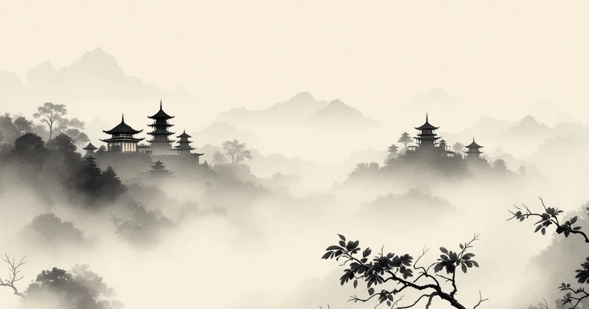 Sumi-e ink-wash illustration: distant pagodas fading into mist.