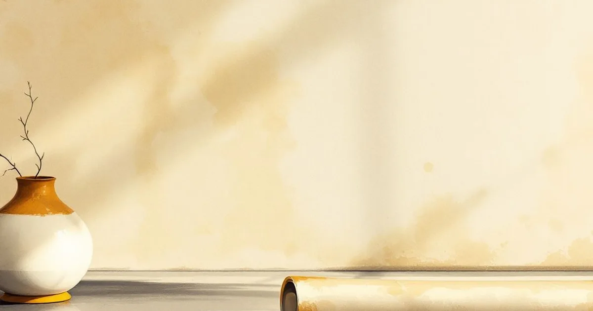 Sumi-e ink-wash illustration: a single sutra scroll resting in a bare, still room filled with soft light.