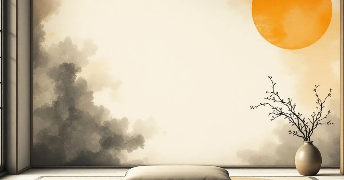 Sumi-e ink-wash illustration: a single meditation cushion in an empty room.