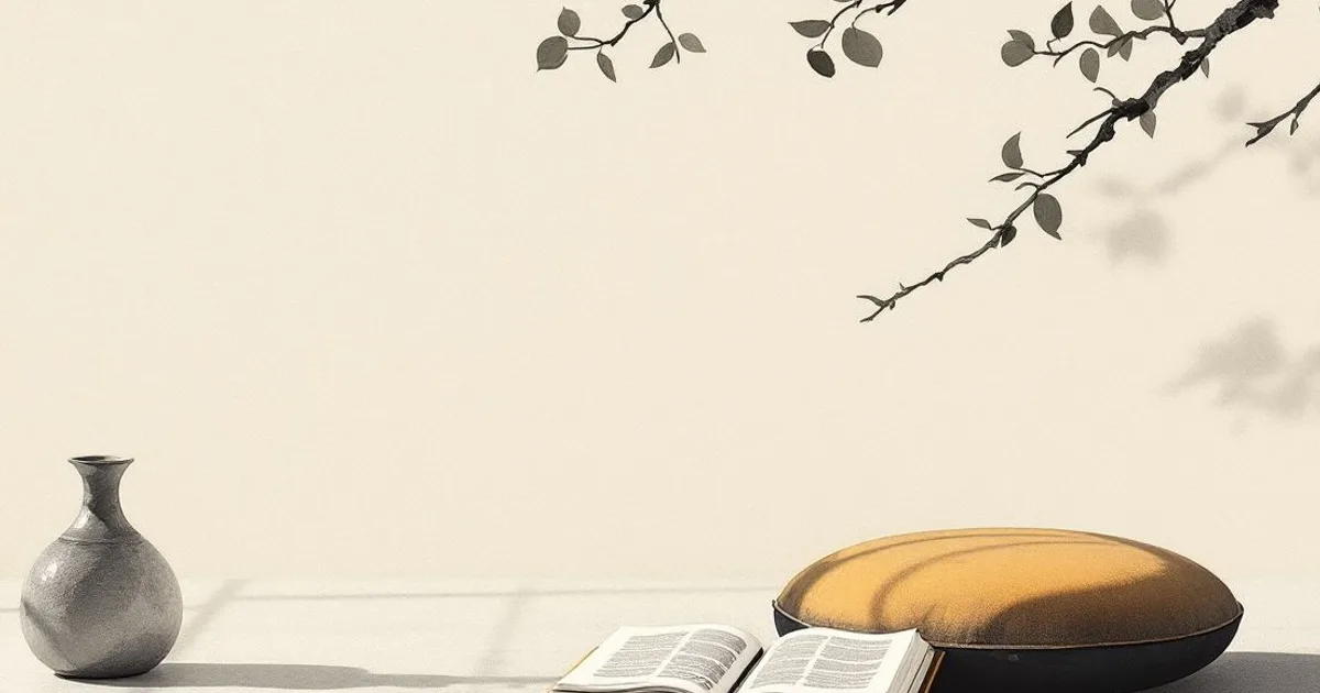 Sumi-e ink-wash illustration: an open palm-leaf manual resting beside a meditation cushion in a quiet, sunlit room.