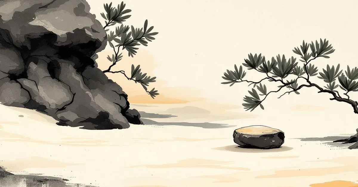 Sumi-e ink-wash illustration: a raked sand garden with one stone.