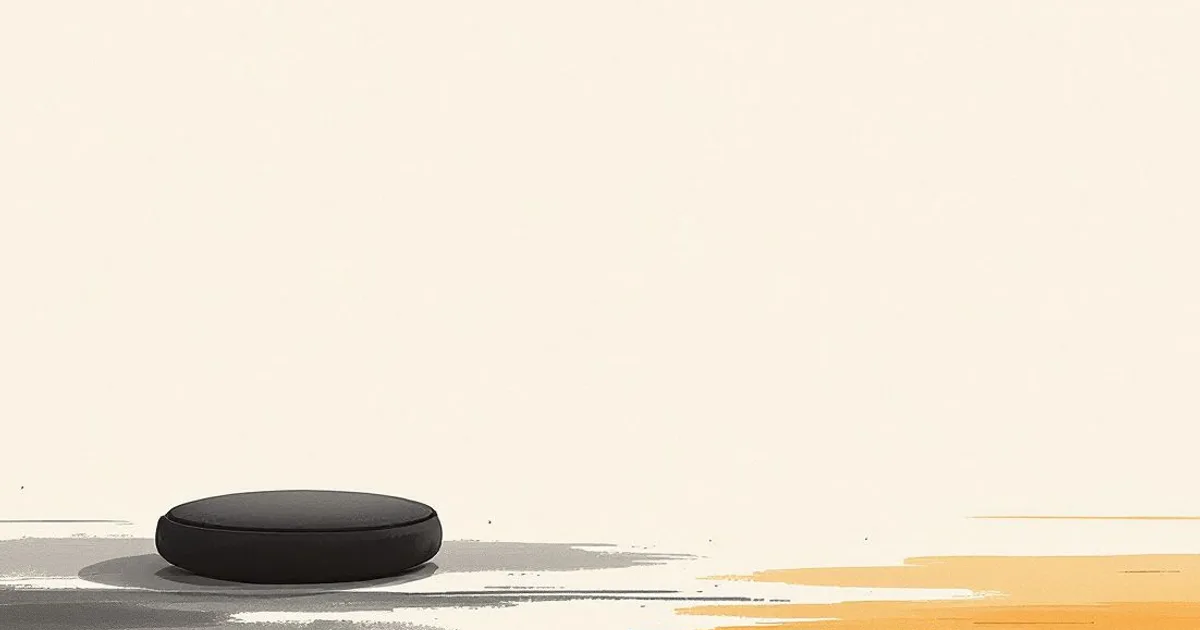 Sumi-e ink-wash illustration: a single meditation cushion in an empty room.