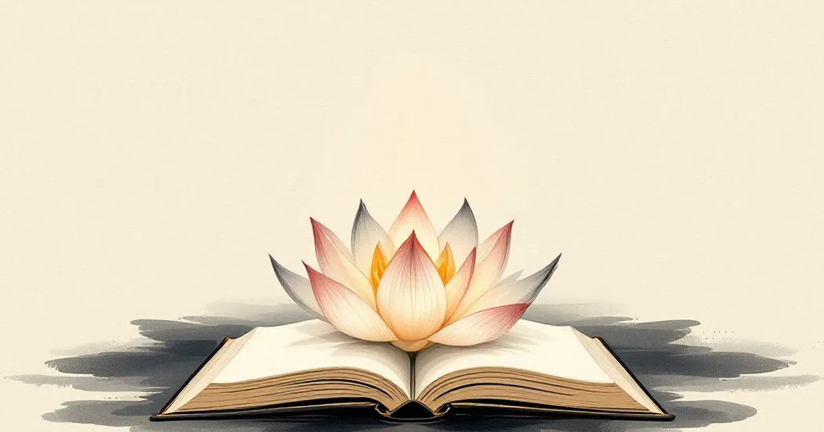 Sumi-e ink-wash illustration: an open book with a luminous lotus blossom rising from its pages in soft light.