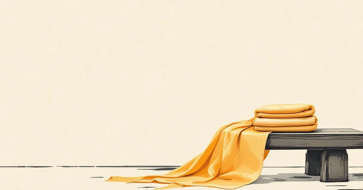 Sumi-e ink-wash illustration: a single neatly folded saffron-ochre cloth robe resting on a plain wooden bench.