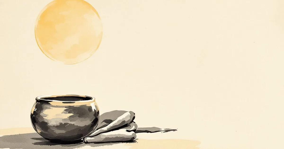 Why Do Buddhists Become Monks?: a folded robe beside a single alms bowl (ink-wash illustration)