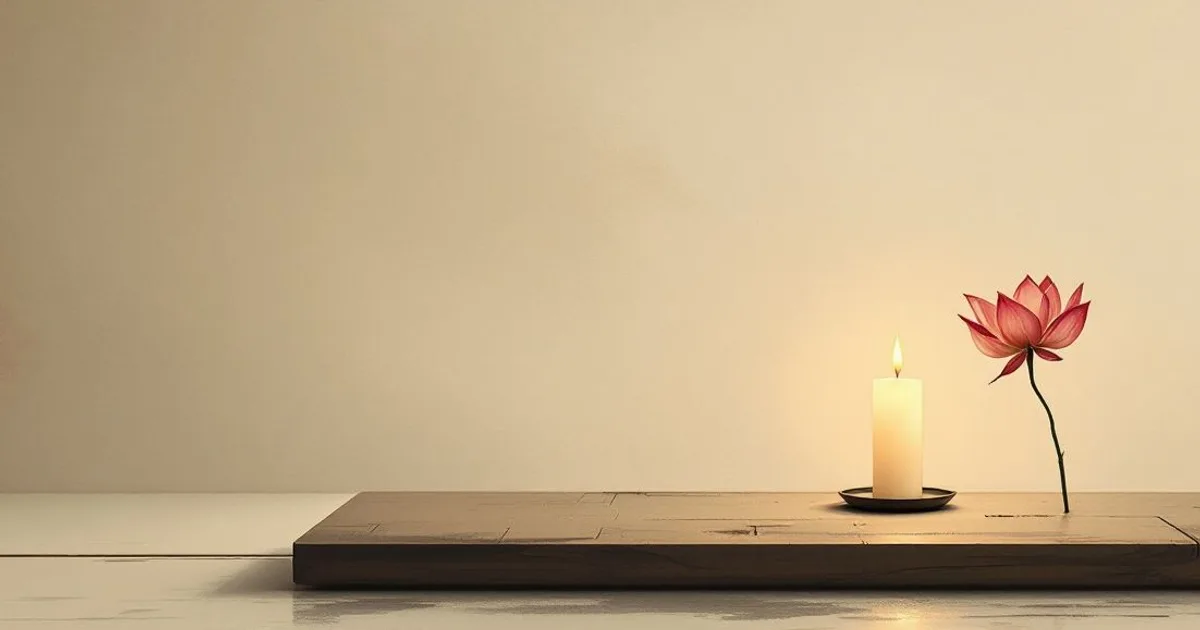 Sumi-e ink-wash illustration: a single lotus laid on a low wooden altar step in soft candlelight.