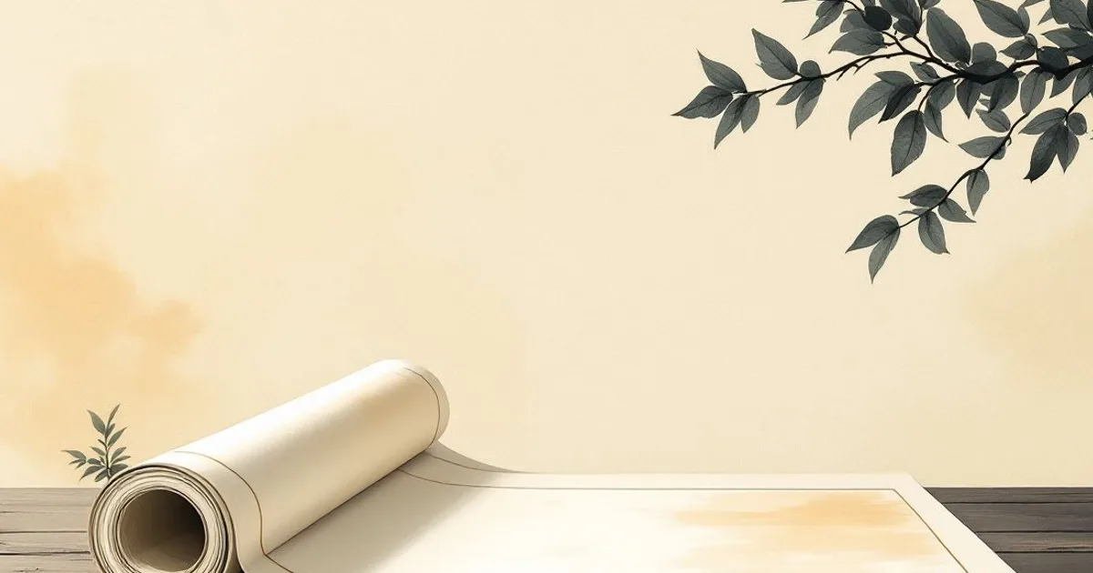 Sumi-e ink-wash illustration: an open palm-leaf sutra manuscript unrolled on a low wooden table in soft light.
