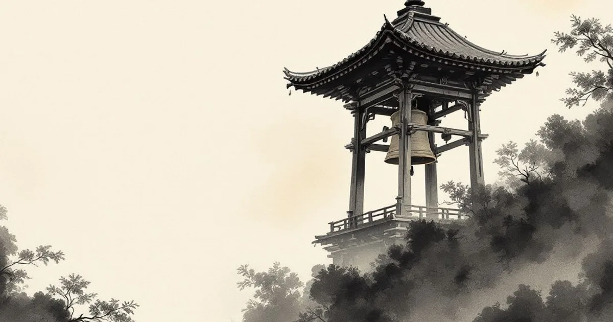 Why Do Buddhists Ring Bells?: a great temple bell hanging in a wooden tower (ink-wash illustration)