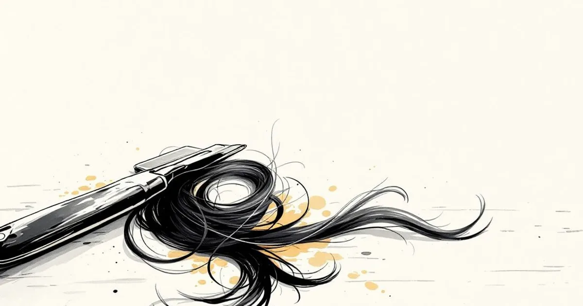 Sumi-e ink-wash illustration: a simple razor resting beside a fallen lock of hair on a bare wooden surface.