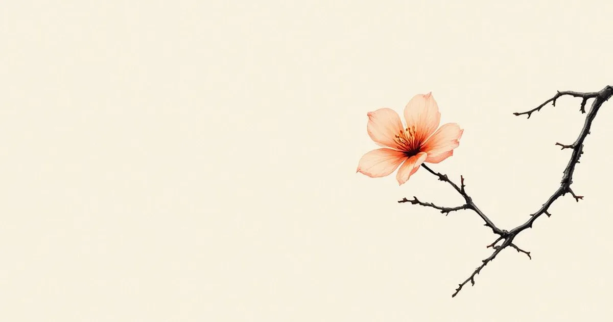 Sumi-e ink-wash illustration: a single thorn and a single blossom on one branch.