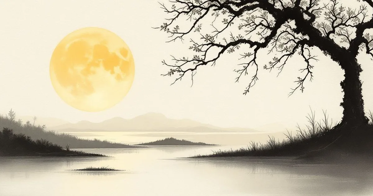 Sumi-e ink-wash illustration: a full, round harvest moon glowing warmly over still water.