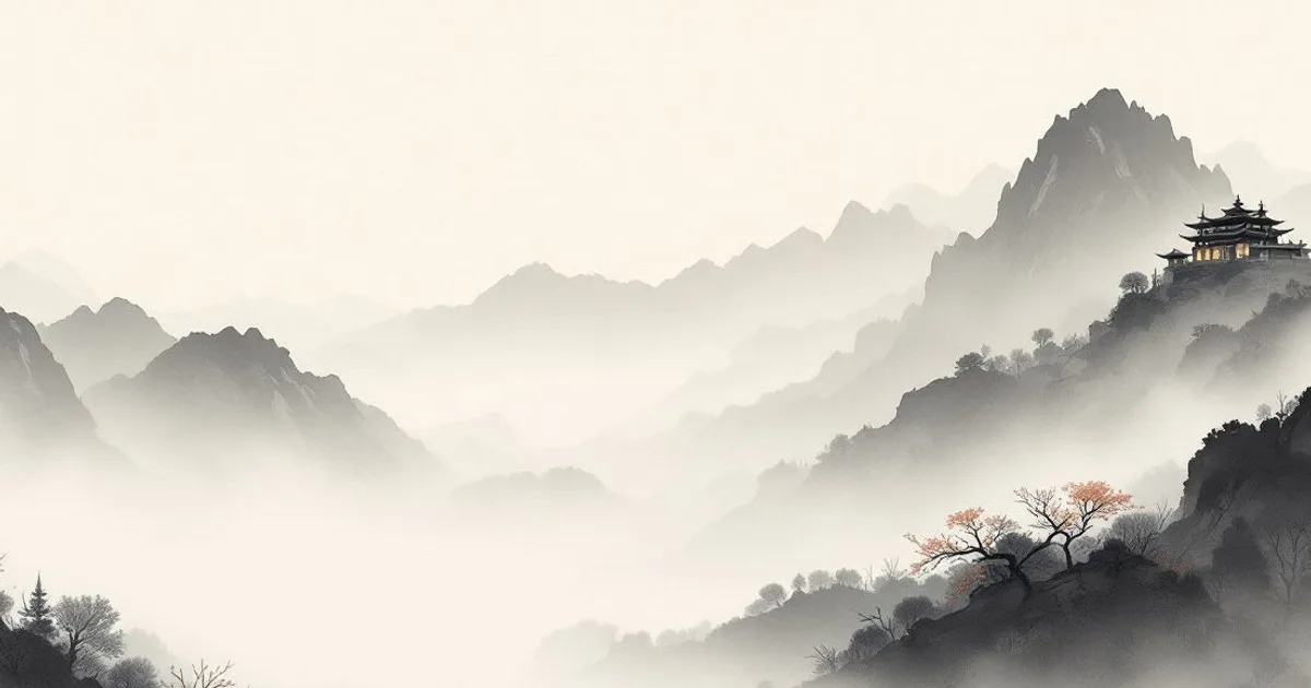 Sumi-e ink-wash illustration: distant misty mountains with a small monastery silhouette.