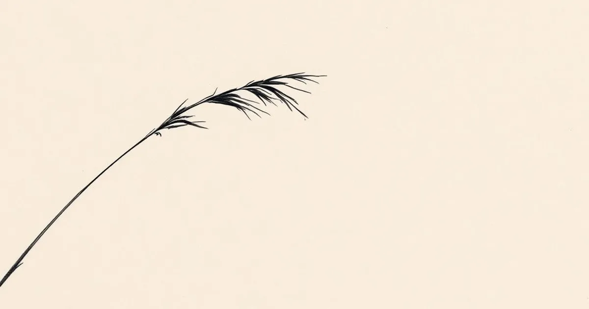 Sumi-e ink-wash illustration: a single slender reed bending and settling in still air.