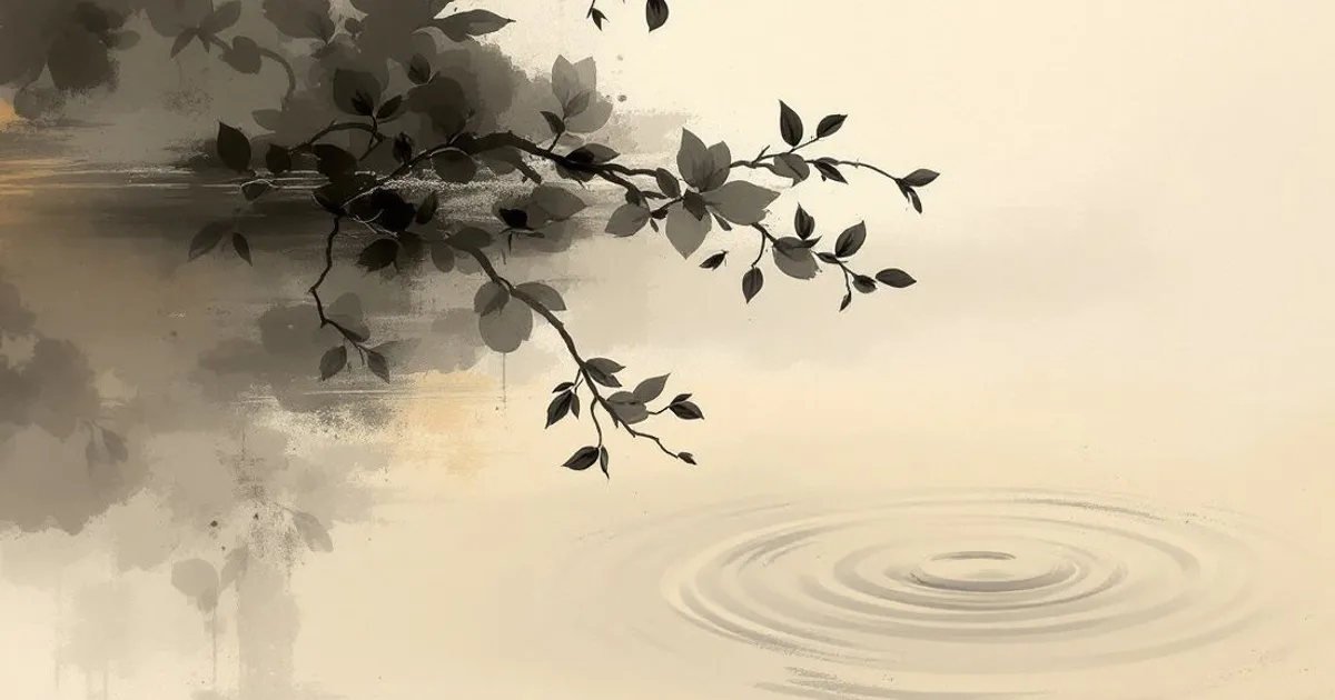 Sumi-e ink-wash illustration: ripples settling across a pond back into stillness.