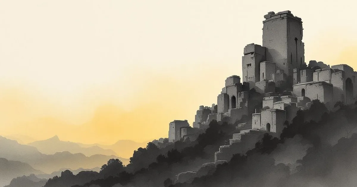 Sumi-e ink-wash illustration: a vast terraced stone monument rising in silhouette against the dawn.