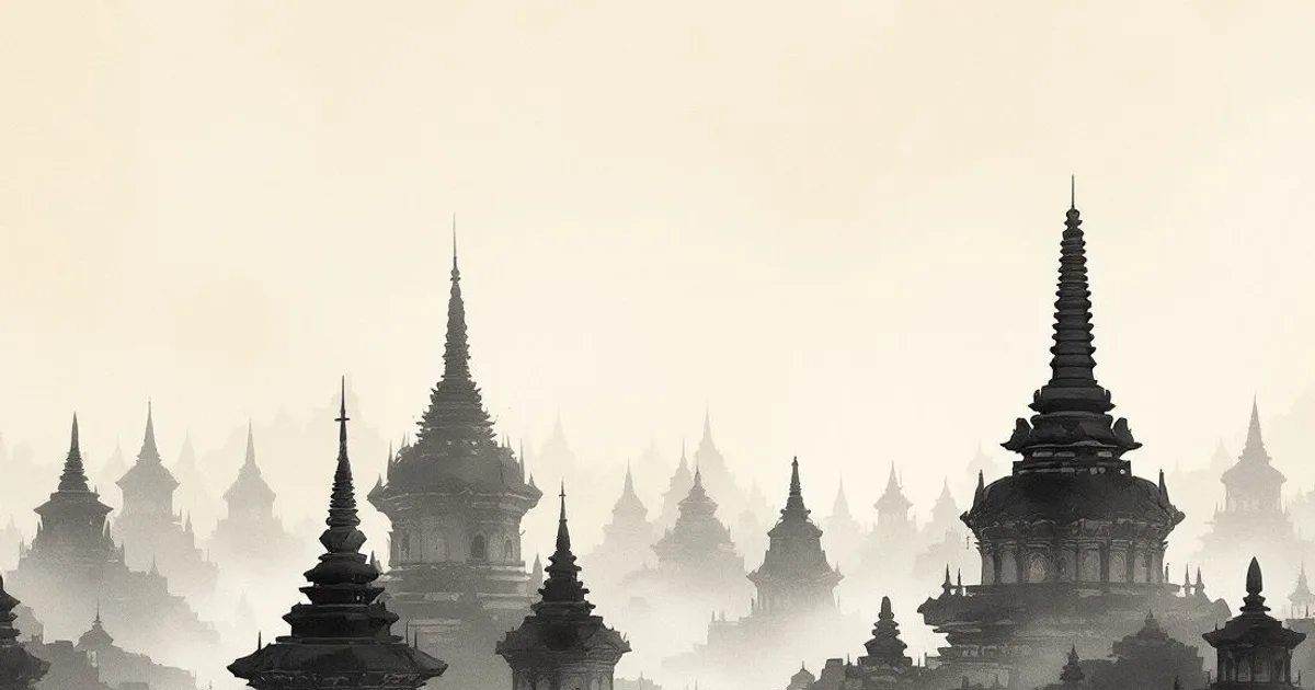 Sumi-e ink-wash illustration: rows of weathered bell-shaped stone stupas against a misty sky.